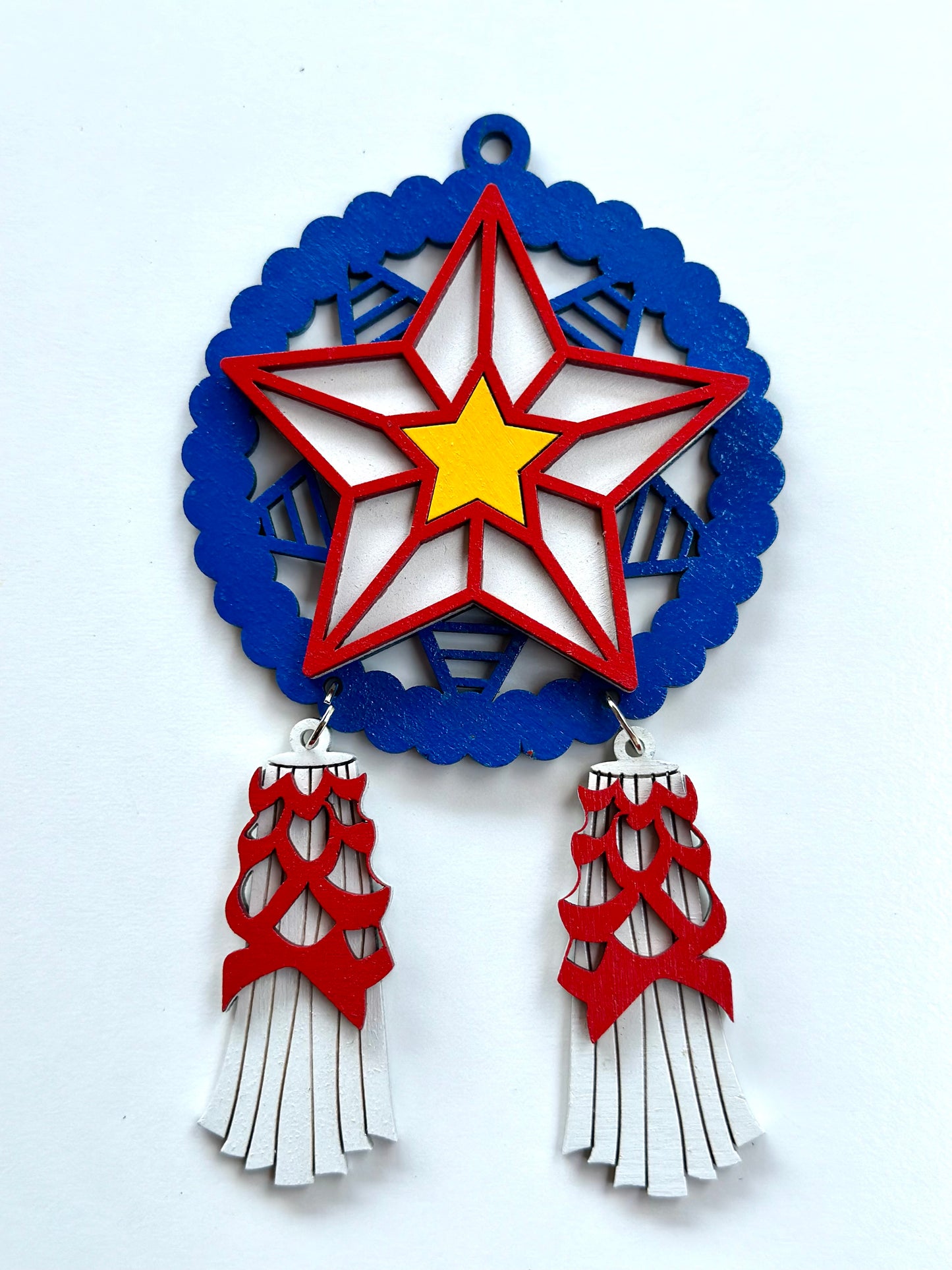 Blue, White, Red Wood Parol Ornament