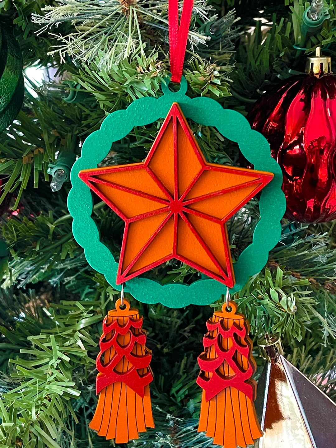 Green, Orange, Red Wood Parol Ornament