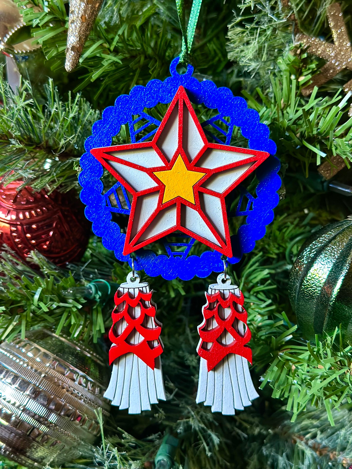 Blue, White, Red Wood Parol Ornament
