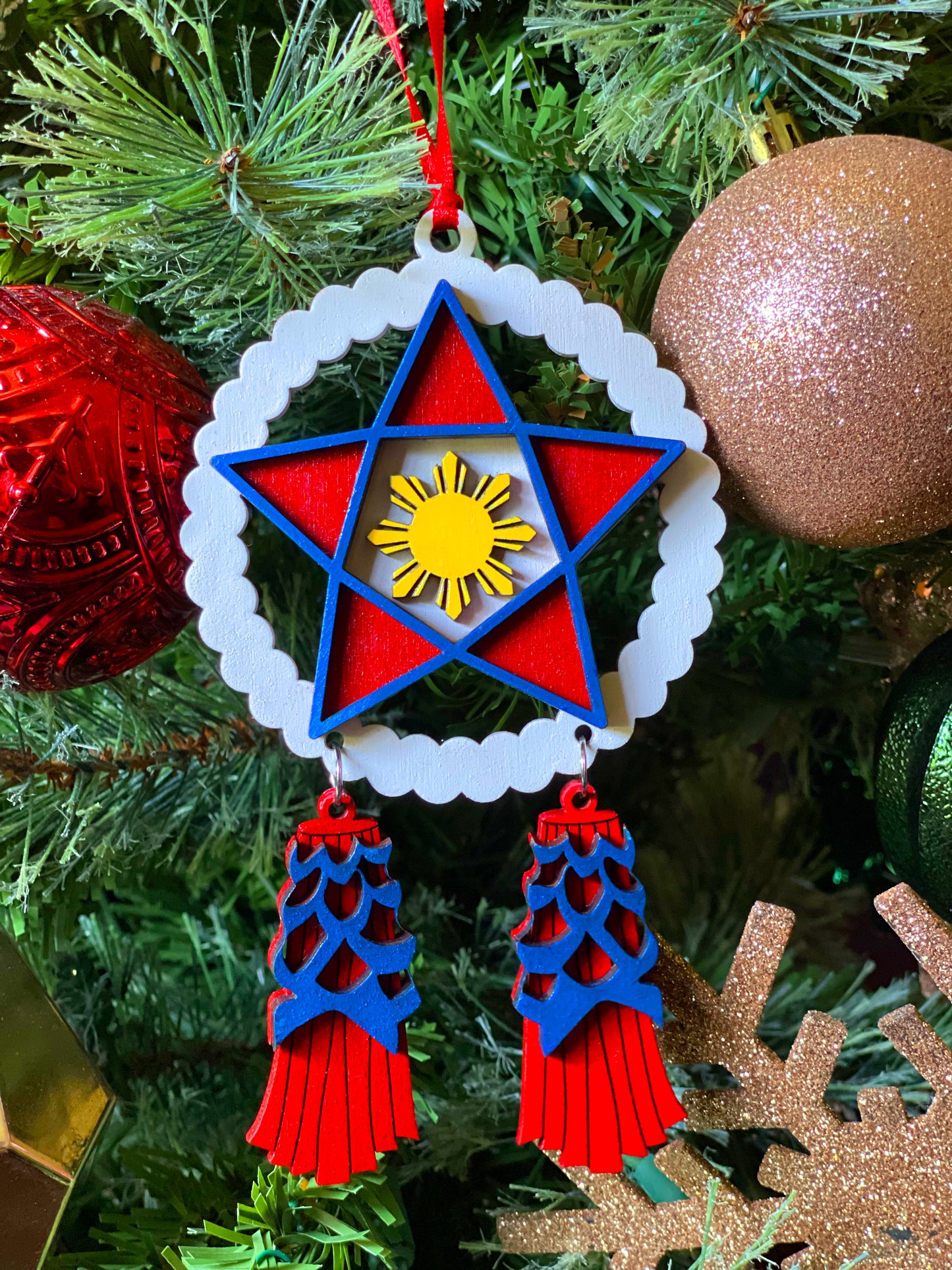 White, Red, Blue Wood Parol Ornament