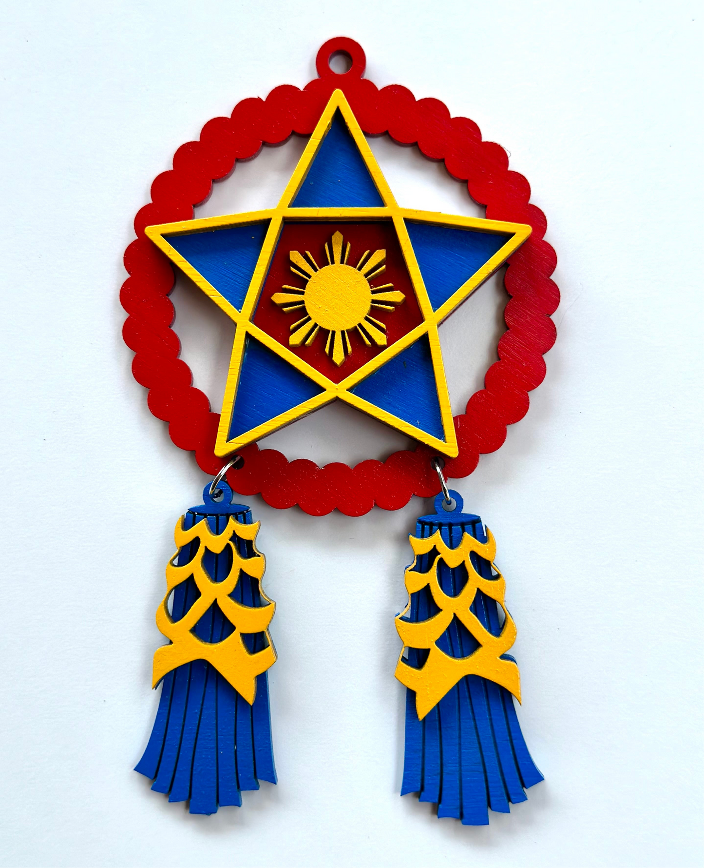 18” Light Up Wood Parol - Red, Blue Yellow